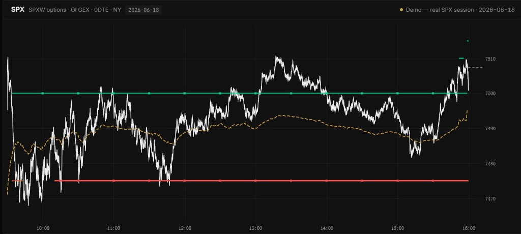 ZeroGamma live gamma levels displayed on a market chart